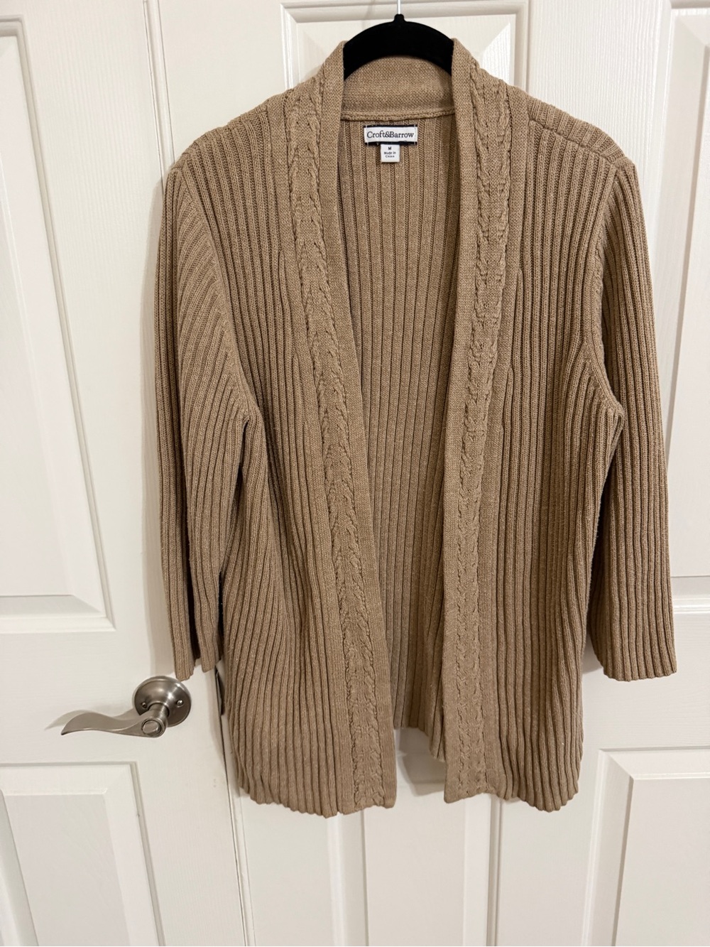 Croft & Barrow M Beige Soft Cotton Blend Ribbed Open Front Cardigan Cable Trim